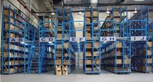 Upright supported mezzanine floor rack in industrial warehouse